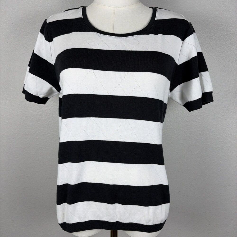 Escada Navy Blue White Striped Knit Short Sleeve Sweater Top Large Designer
